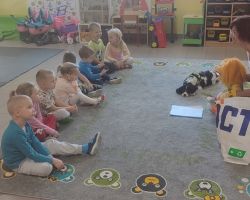 zdjęcia dzieci i kynoterapeuty podczas dogoterapii