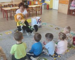 zdjęcia dzieci i kynoterapeuty podczas dogoterapii