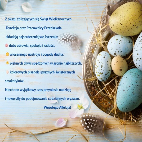 kartka świąteczna z życzeniami, w tle pisanki