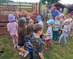 dzieci zwiedzają zagrodę edukacyjną