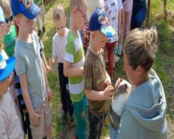 dzieci zwiedzają zagrodę edukacyjną