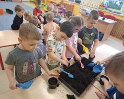 dzieci podczas zakładania wiosennej hodowli roślin