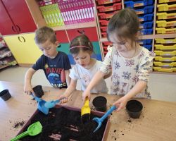 dzieci podczas zakładania wiosennej hodowli roślin