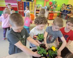 dzieci podczas zakładania wiosennej hodowli roślin