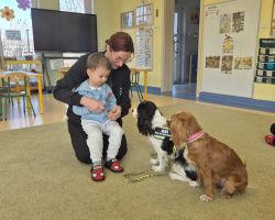 dzieci, teraputa i dwa psy podczas zajęć z dogoterapii