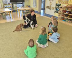 dzieci, teraputa i dwa psy podczas zajęć z dogoterapii