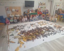 dzieci podczas zajęć sensorycznych, badają dary jesieni