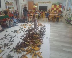 dzieci podczas zajęć sensorycznych, badają dary jesieni