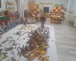 dzieci podczas zajęć sensorycznych, badają dary jesieni