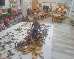 dzieci podczas zajęć sensorycznych, badają dary jesieni