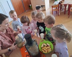 Dzieci samodzielnie przygotowują sok jabłkowy w sokowirówce