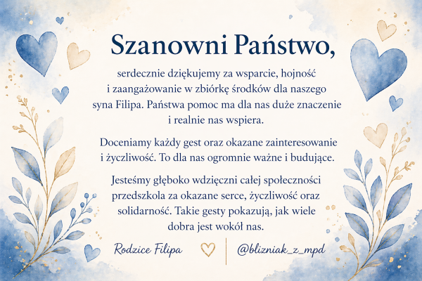 podziekowanie od rodziców Filipa za udział w zbiórce