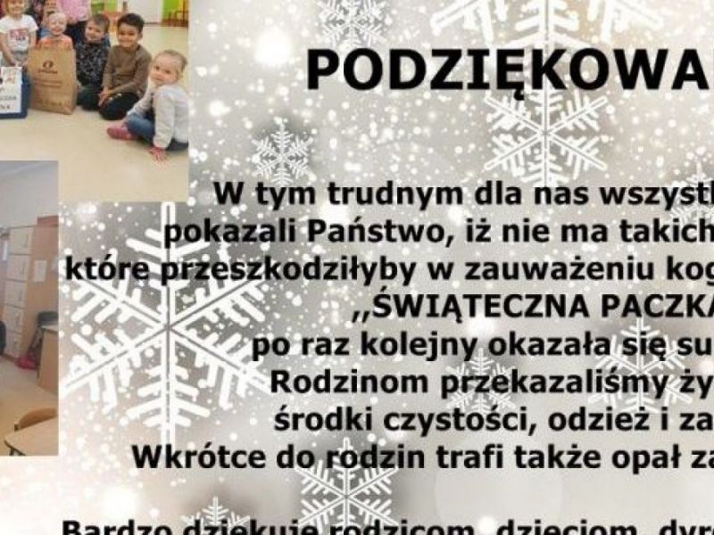 podziękowanie i zdjęcia dzieci podsumowujące akcję charytatywną "Świąteczna paczka"