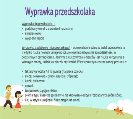 plakat na ilustracji dwójka śmiejących się dzieci, opis wyprawki do przedszkola