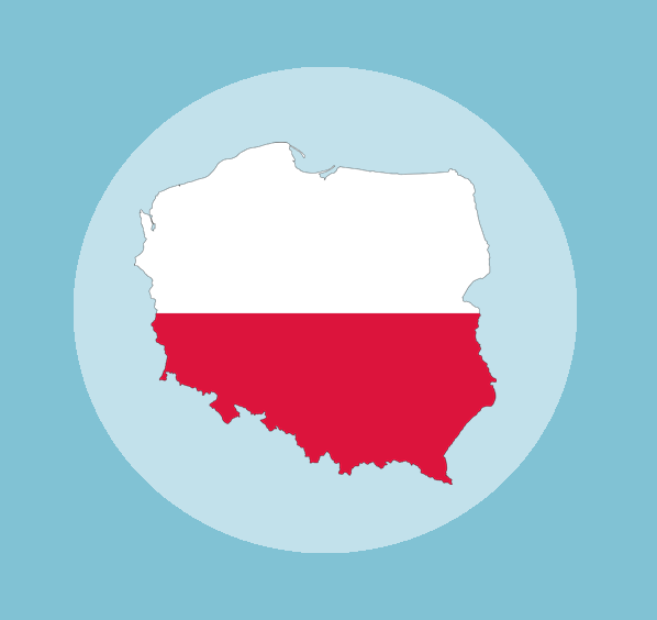 biało czerwony kontur Polski na niebieskim tle