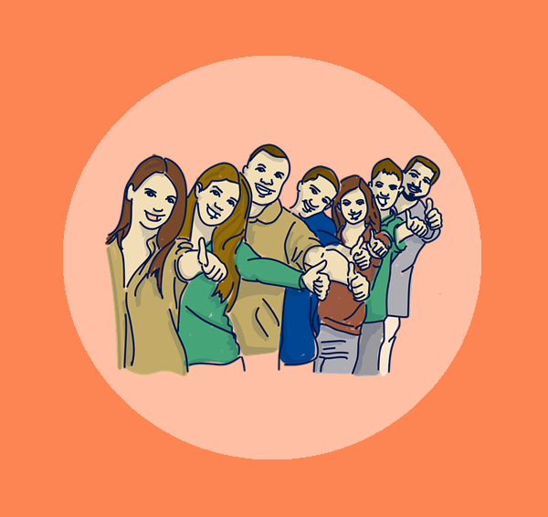sylwety siedmiu uśmiechniętych osób na pomarańczowym tle