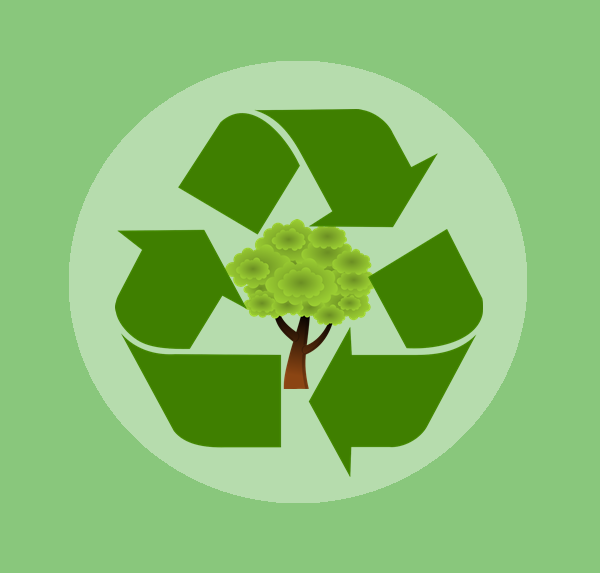 symbol recyklingu z drzewem w środku na zielonym tle