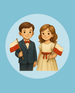 dziewczynka i chłopiec w galowych strojach trzymający flagami Polski