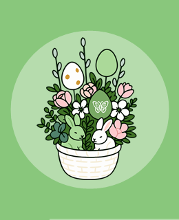 stroik wielkanoncy z jajkami, zajączkami, bukszpanem i kwiatami